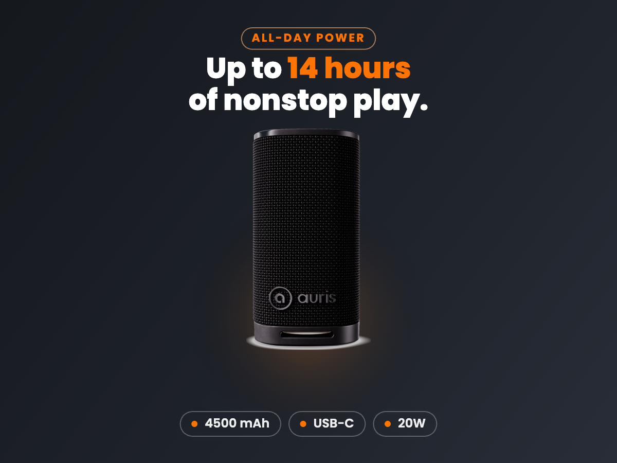 Orbit S20 on dark gray background showing up to 14 hours of nonstop play with 4500mAh USB-C and 20W power specs