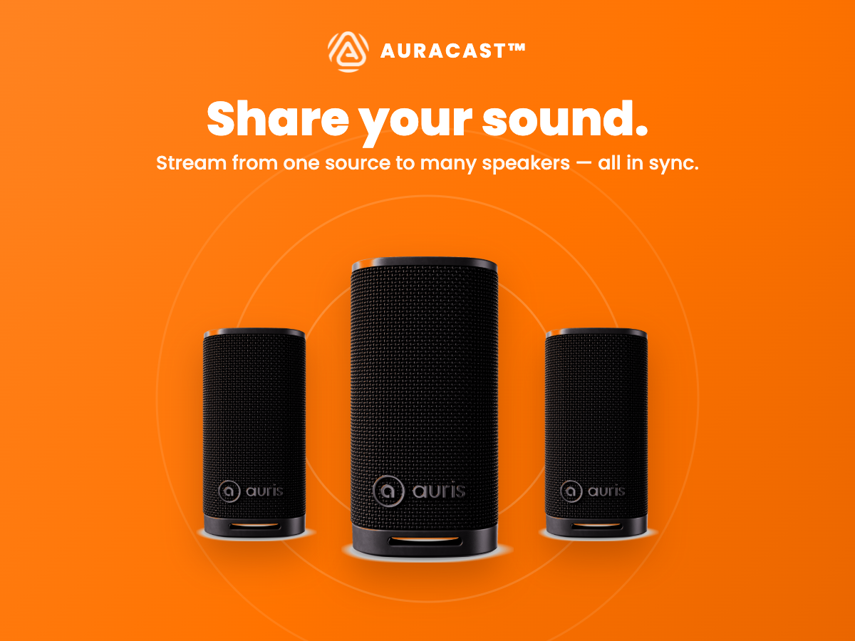 Three Orbit S20 speakers on orange background with Auracast broadcast audio messaging
