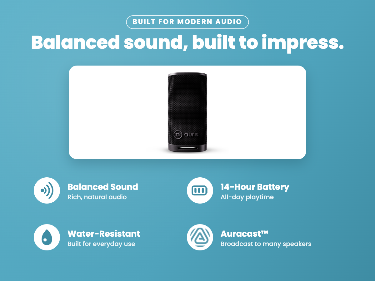 Orbit S20 on teal background with four feature icons for balanced sound 14-hour battery water resistance and Auracast