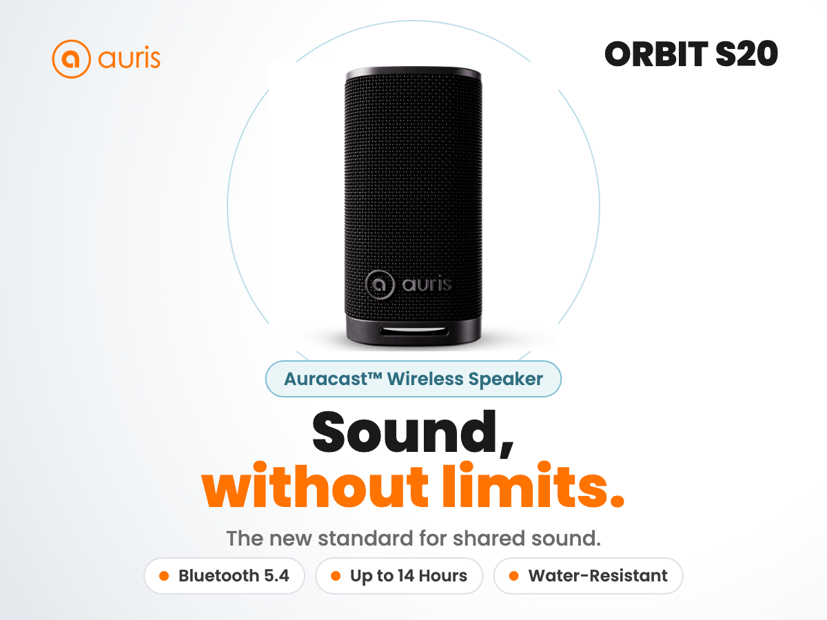 Orbit S20 speaker on light gray background with Sound without limits tagline and feature pills